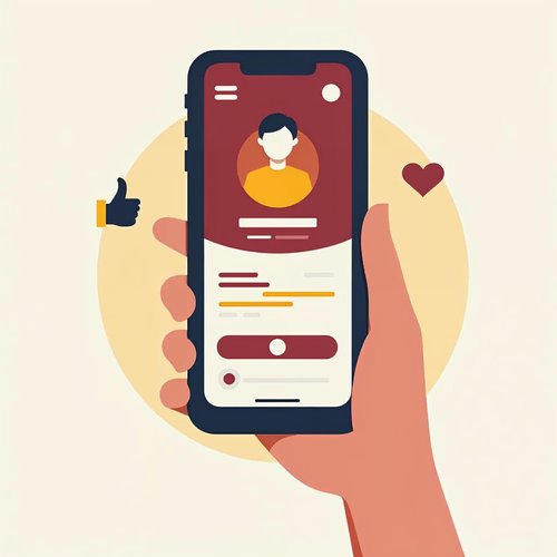 A hand holding a smartphone that shows a social profile with a round profile picture and cover banner