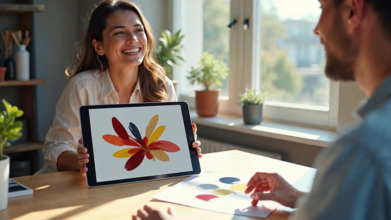 A smiling person holds up a tablet showing a colorful abstract emblem while a designer points at paint color swatches on a sunny table