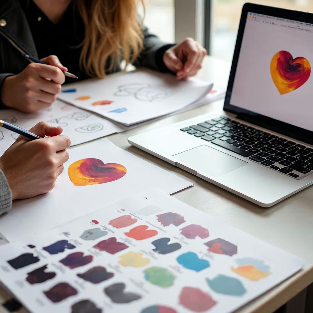 Bright design studio table with logo sketches, color swatch cards and a laptop showing a finished colorful emblem while a designer holds a pencil