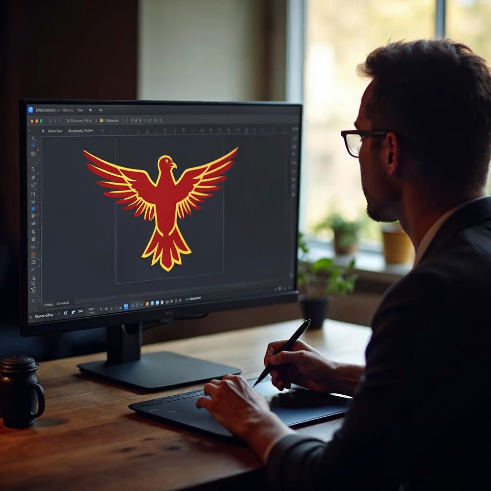 Designer at a large monitor refining a red and gold eagle emblem logo with a graphics tablet and pen