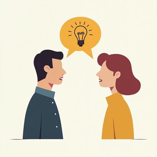 Two people talking with a lightbulb idea bubble above them
