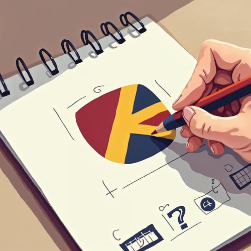 A hand sketching a bold emblem shape in a notebook with rough concept thumbnails