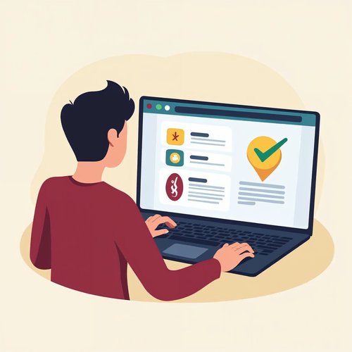 A person at a laptop comparing logo options with a green checkmark on the chosen one