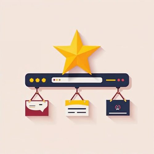 A gold star emblem placed by arrows onto a website header, a business card and a hanging sign