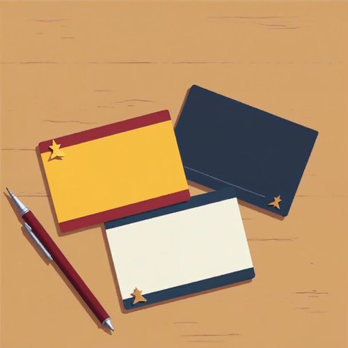 Business cards fanned out on a wooden desk, each with a small gold star emblem, next to a pen