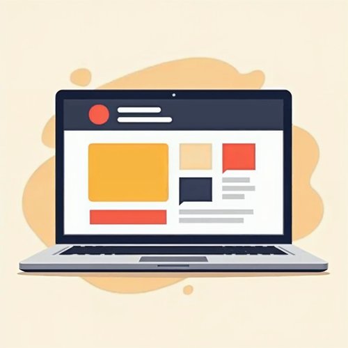 A laptop screen showing a website header with a round logo on the left and menu buttons