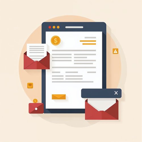 An invoice page and an email window that both carry the same small gold emblem at the top
