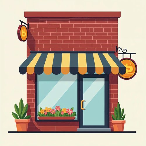 A brick storefront with a striped awning, flower boxes and a hanging blade sign showing a gold emblem