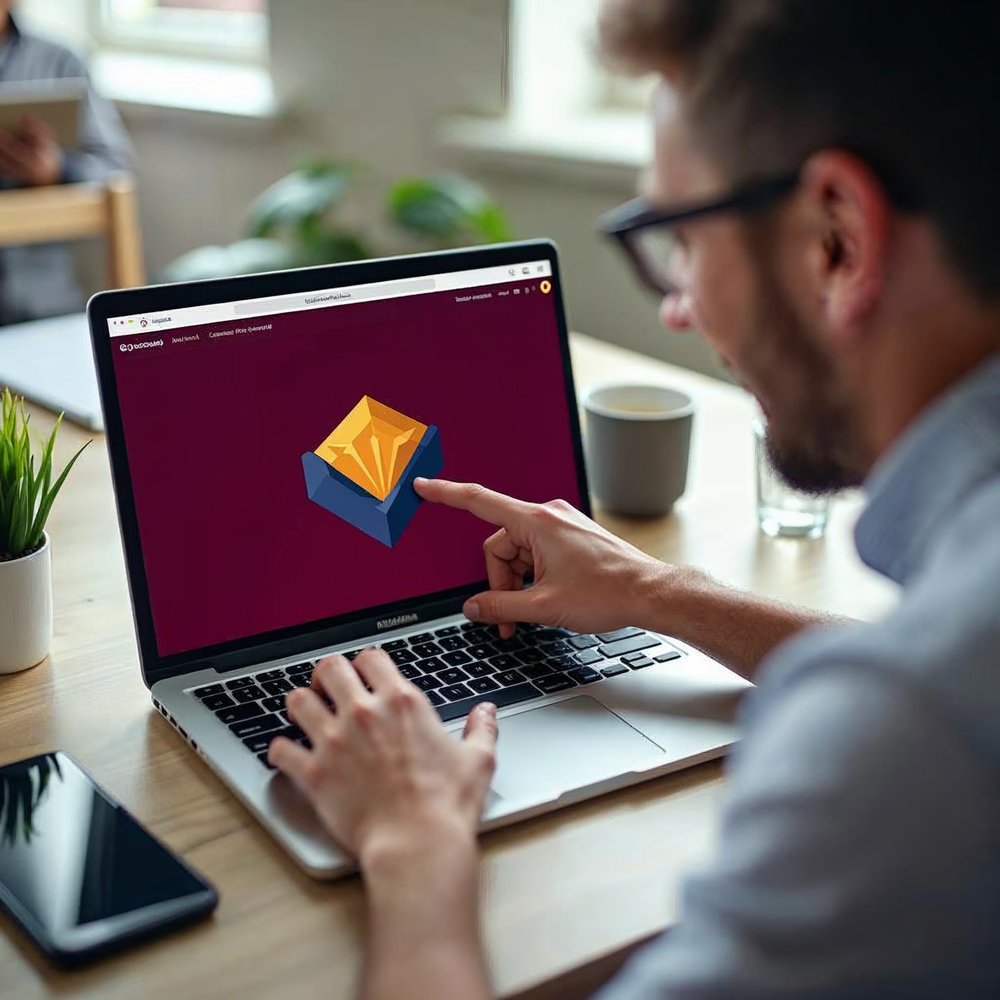 Person pointing at a laptop that shows a website with a freshly updated emblem logo in the header, next to a smaller screen with the older plain header