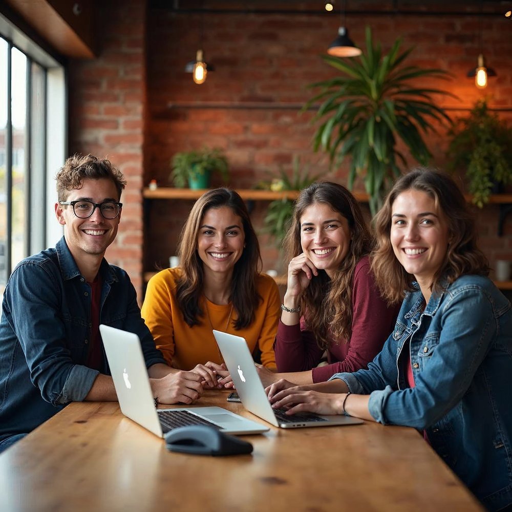 Four smiling coworkers with laptops and a phone at a sunny brick-walled office table