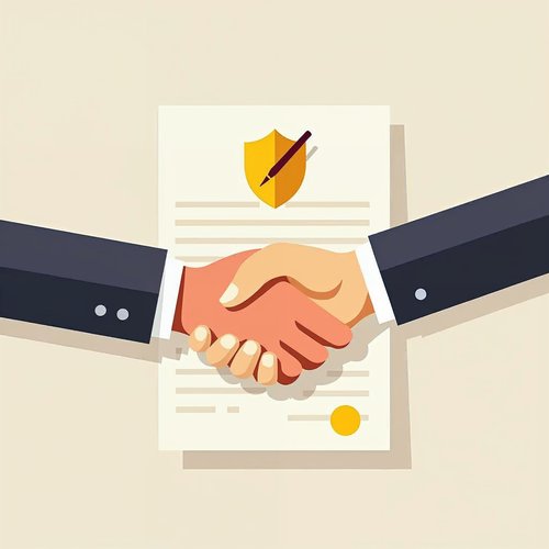Two hands shaking over a signed document with a shield symbol