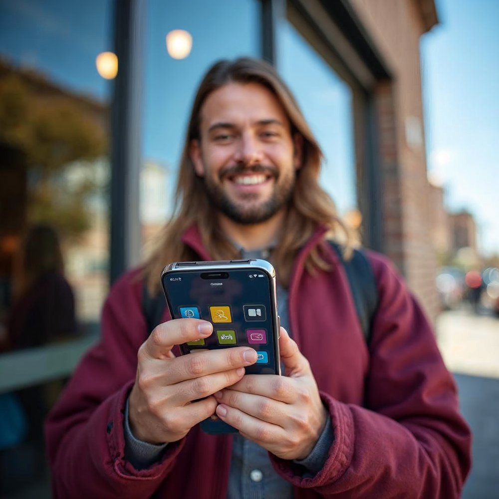 Smiling business owner holding a smartphone that shows a colorful app home screen in front of a sunny storefront