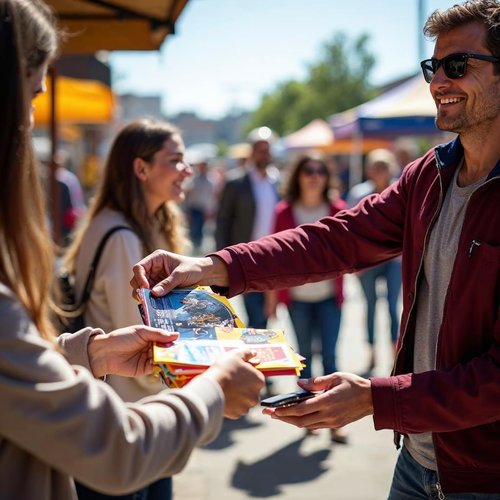 Smiling person handing out colorful flyers and postcards to people at a sunny street market
