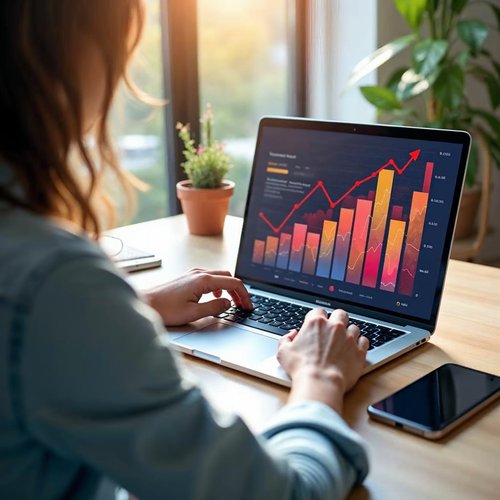 Marketer at a bright desk with a laptop showing colorful ad graphics and a rising chart, with a smartphone beside it