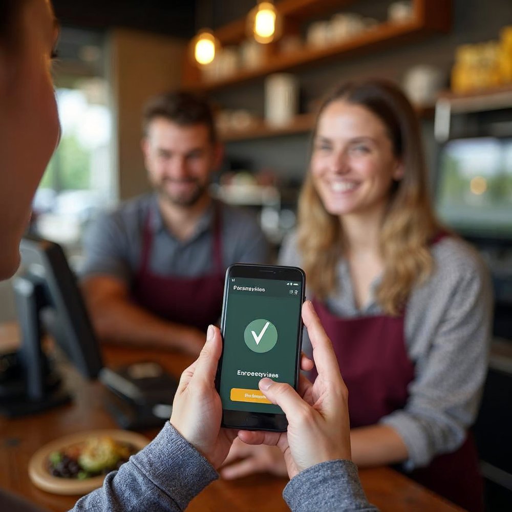 Customer holding a phone at a cafe counter that shows a green payment success screen while the cashier smiles