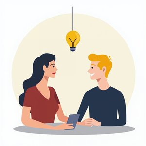 Two people talking at a table with a phone between them and a lightbulb above