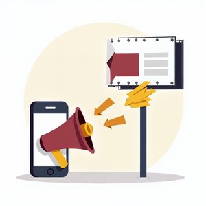 A megaphone, a smartphone and a billboard linked by arrows to show a marketing campaign