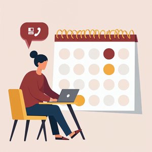 A person at a laptop beside a calendar with marked meeting days and a phone call bubble