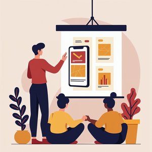 A designer presenting a phone mockup with colorful app screens on a big screen to a small audience