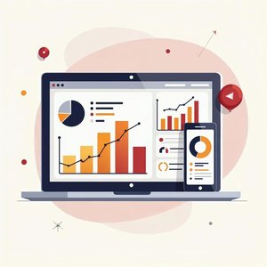 A laptop and a phone both showing a dashboard with bar and pie charts