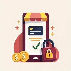 A smartphone checkout screen with a credit card, a lock, coins and a green checkmark