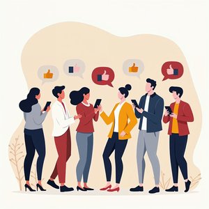 A group of different people holding phones and testing an app with thumbs up bubbles