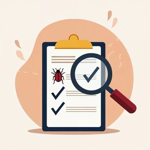 A magnifying glass over a clipboard checklist with a bug icon and checkmarks