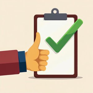 A hand giving a thumbs up beside a large green approval checkmark on a clipboard