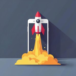 A rocket launching up out of a smartphone screen above two store shelf shapes