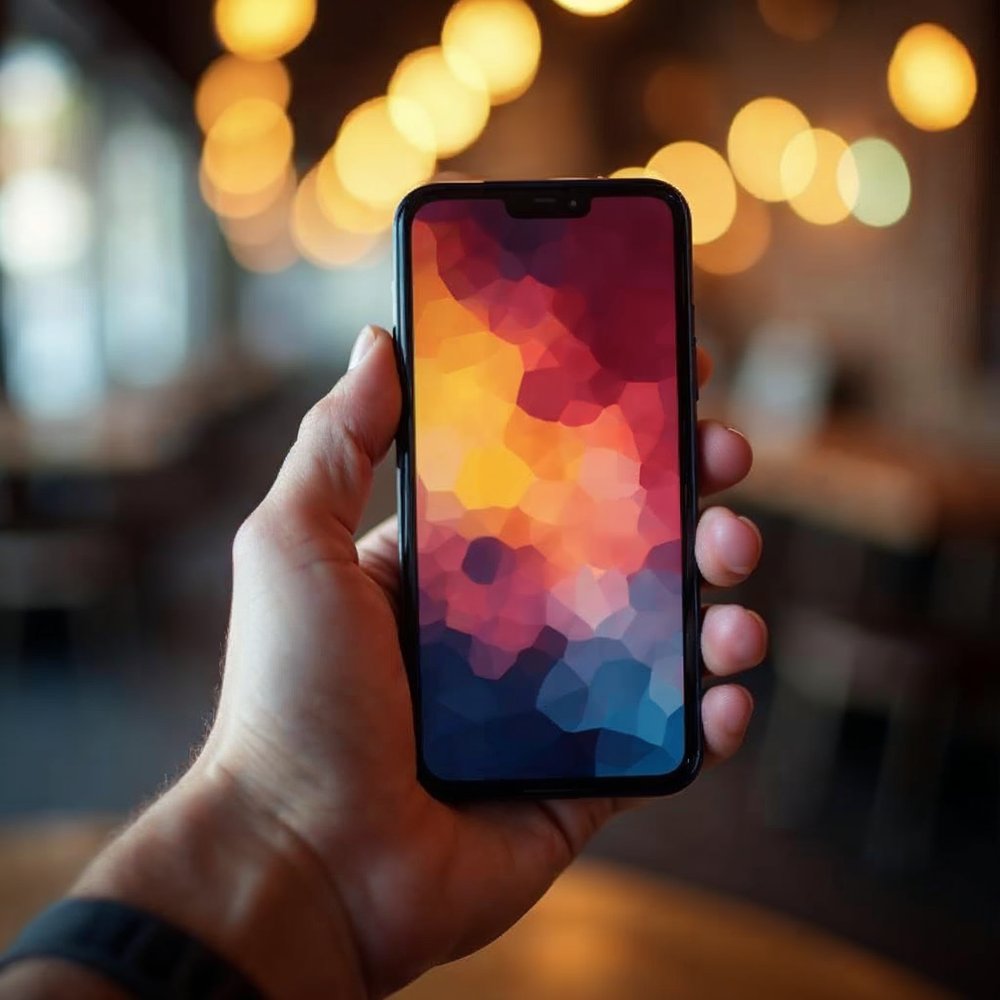 A hand holding a smartphone with a softly glowing colorful screen in front of a blurred bright cafe
