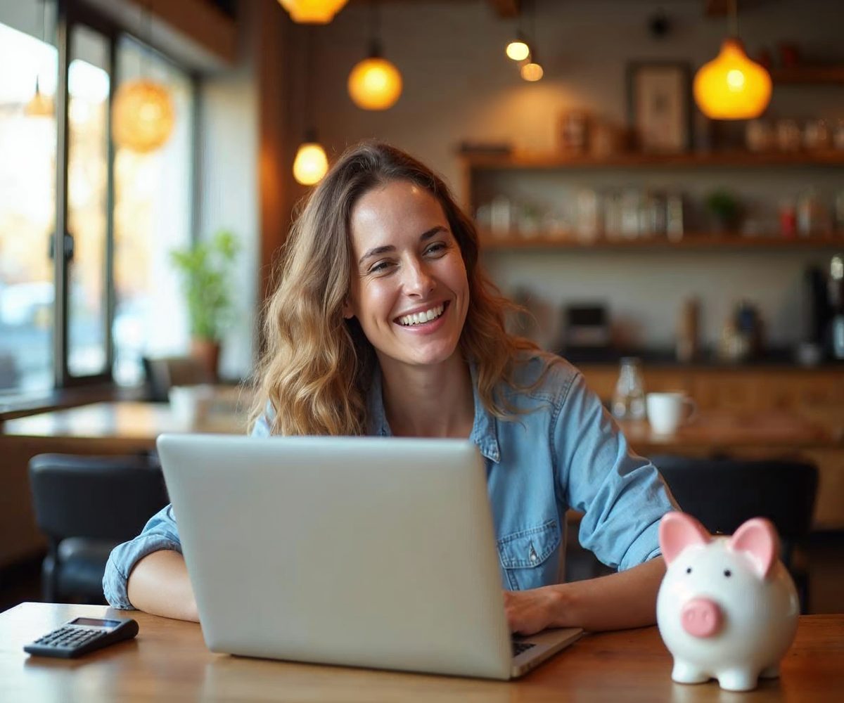 A smiling small business owner at a cafe table looking at a website on a laptop, with a calculator and a piggy bank beside it