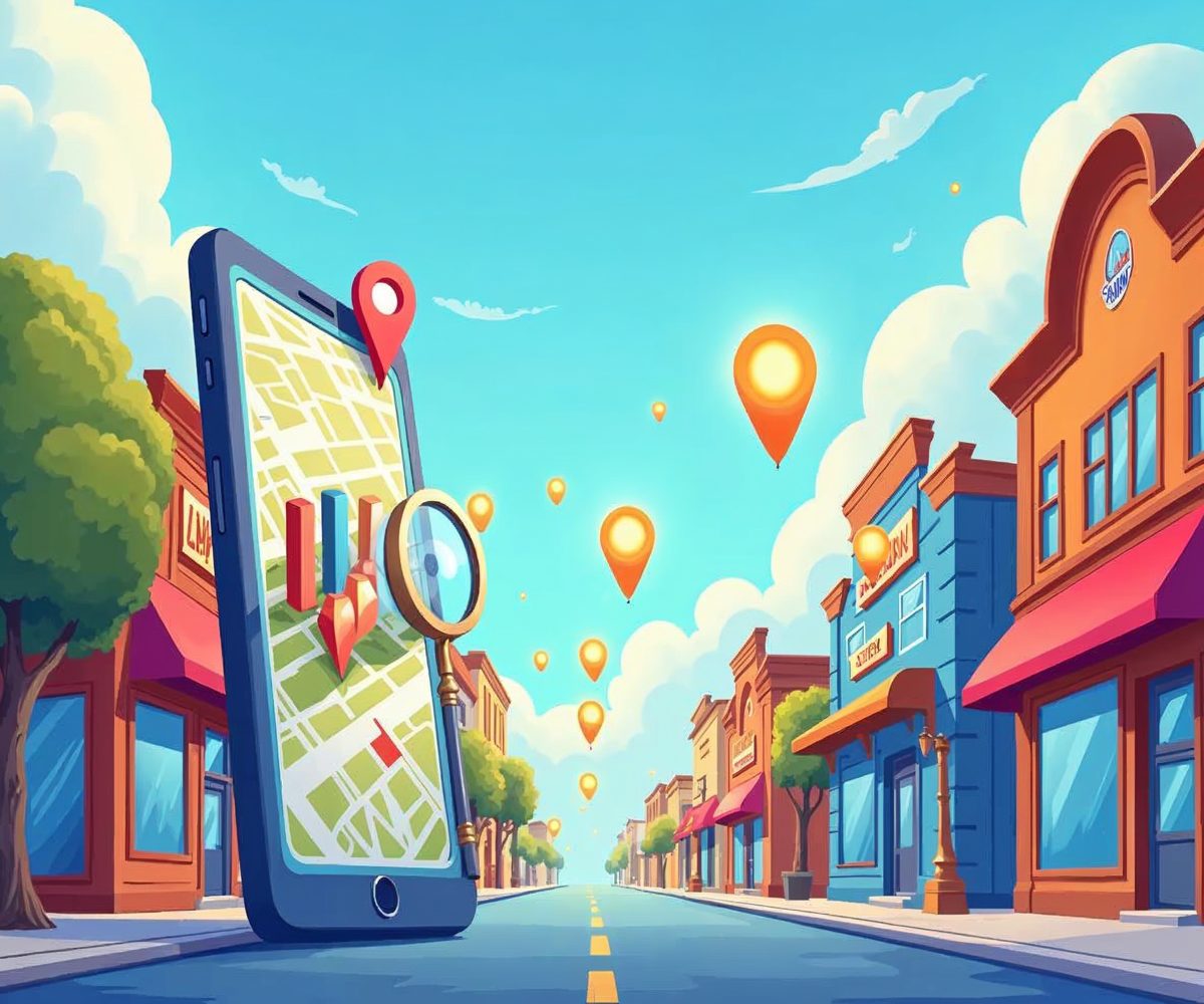 A colorful illustration of a small town main street with a giant smartphone showing a map pin, a magnifying glass and a rising bar chart