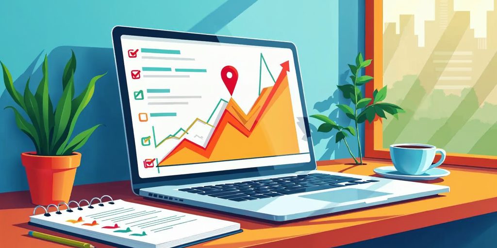 A colorful illustration of a laptop showing a rising chart and a map pin beside a notebook with a checklist