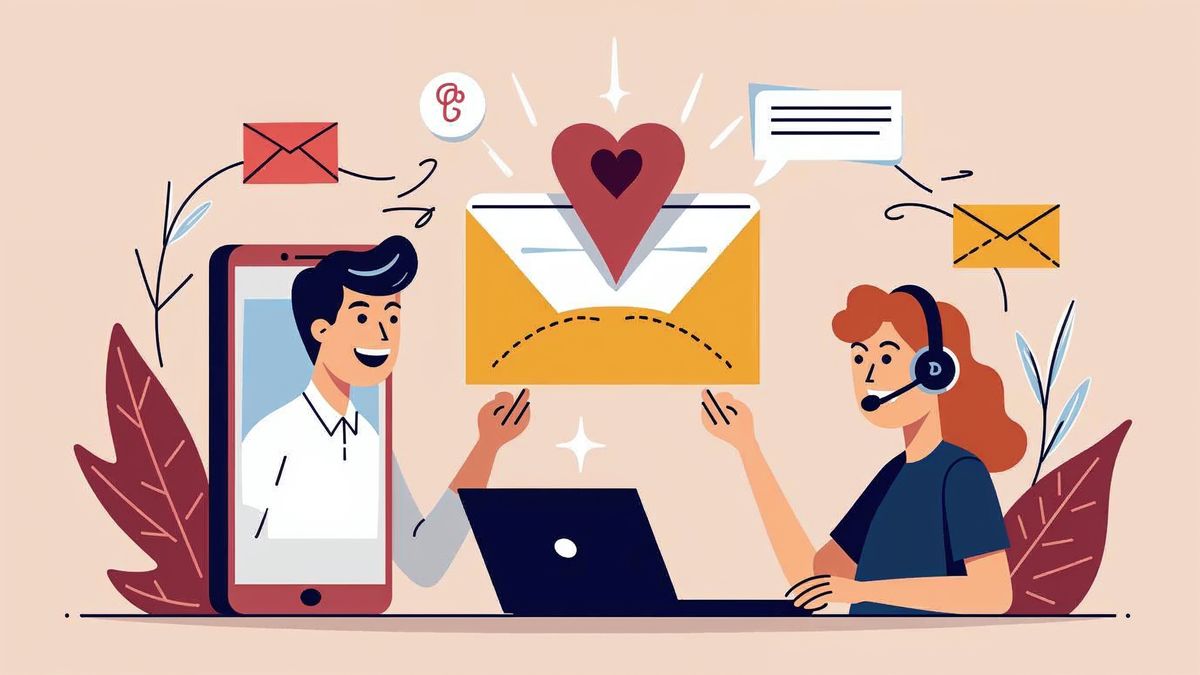Smartphone call, email envelope with a heart and a support person with a headset at a laptop
