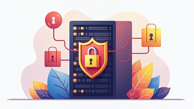 A web server rack with a shield, padlocks and a key for each account