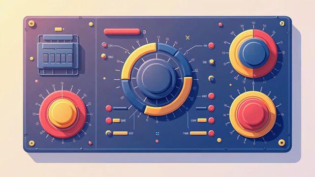 A control panel with round dials, knobs and switches