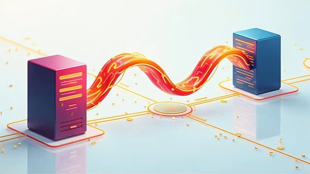 A glowing ribbon carrying data between two servers