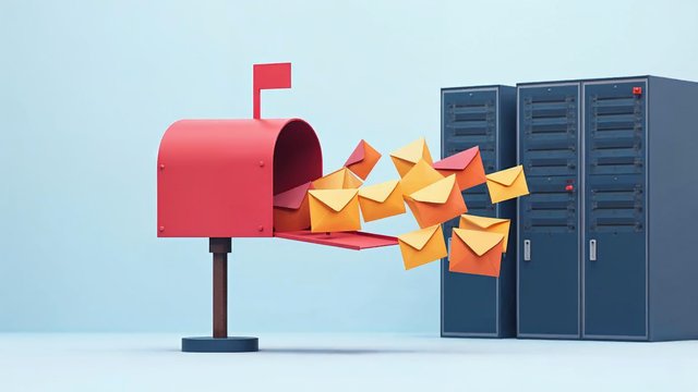 A red mailbox filled with envelopes beside a row of servers