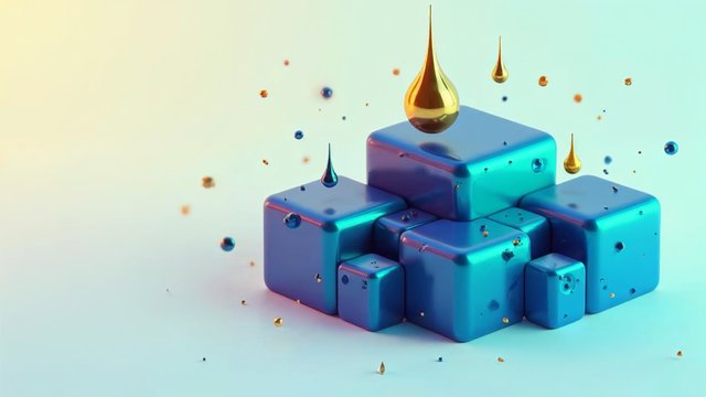 Blue and teal cubes snapping together under a golden droplet