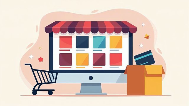 An online store window with product tiles, a cart and a box