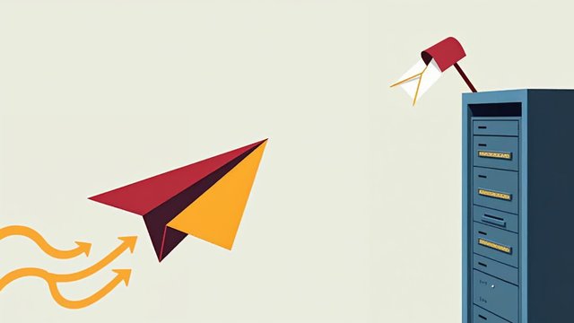 A paper airplane carrying an envelope toward a server rack