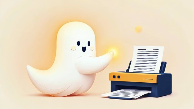 A friendly white ghost next to a printer and a crisp document