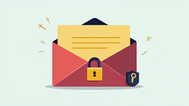 A sealed envelope with a padlock, a key and a shield