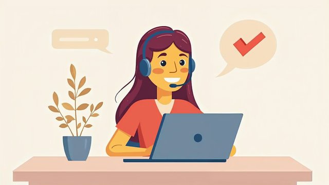 A smiling support agent with a headset at a laptop
