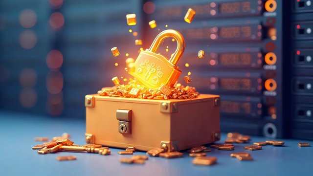A golden padlock opening a treasure chest in front of server racks