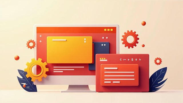 Orange and red website panels with small gears