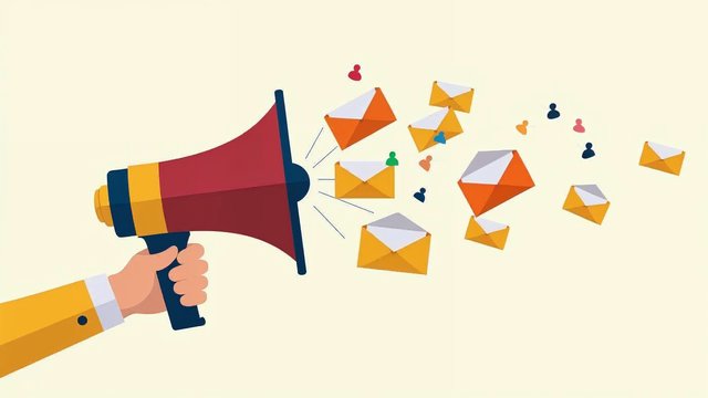 A megaphone sending envelopes toward small people icons