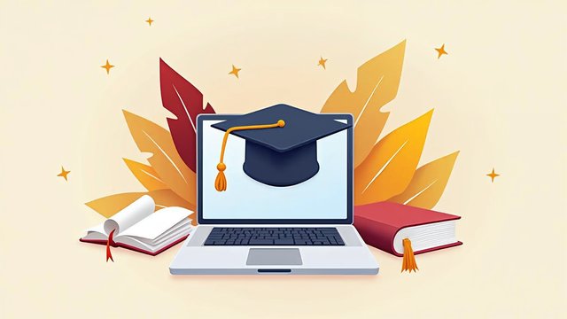 A laptop wearing a graduation cap beside books
