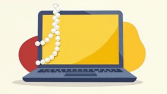 A string of white pearls looped around a laptop with a yellow screen