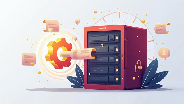 A server rack with a glowing gear and script pages flowing out
